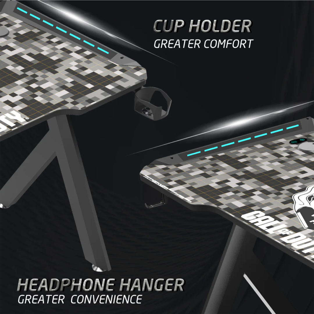 Call Of Duty (COD) Hawksbill Series RGB Flowing Light Gaming Desk With Mouse pad, Headphone Hook & Cup Holder - Black/Grey