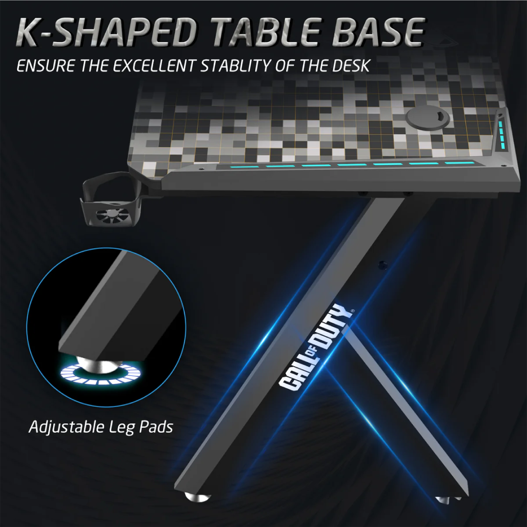 Call Of Duty (COD) Hawksbill Series RGB Flowing Light Gaming Desk With Mouse pad, Headphone Hook & Cup Holder - Black/Grey