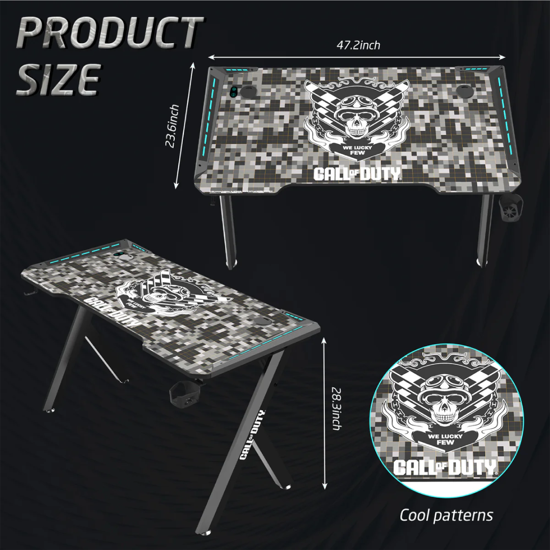 Call Of Duty (COD) Hawksbill Series RGB Flowing Light Gaming Desk With Mouse pad, Headphone Hook & Cup Holder - Black/Grey