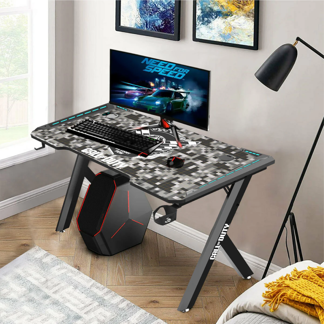 Call Of Duty (COD) Hawksbill Series RGB Flowing Light Gaming Desk With Mouse pad, Headphone Hook & Cup Holder - Black/Grey