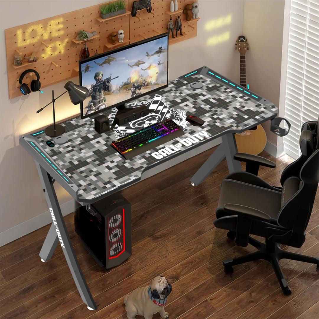 Call Of Duty (COD) Hawksbill Series RGB Flowing Light Gaming Desk With Mouse pad, Headphone Hook & Cup Holder - Black/Grey