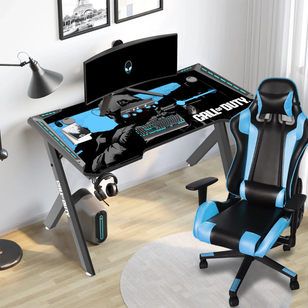 Call Of Duty (COD) Hawksbill Series RGB Flowing Light Gaming Desk With Mouse pad, Headphone Hook & Cup Holder - Black/Blue