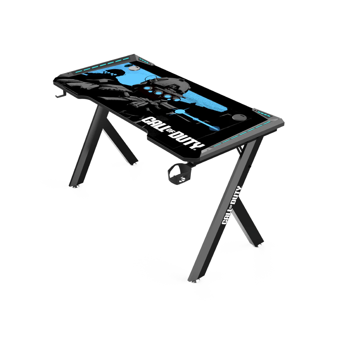Call Of Duty (COD) Hawksbill Series RGB Flowing Light Gaming Desk With Mouse pad, Headphone Hook & Cup Holder - Black/Blue