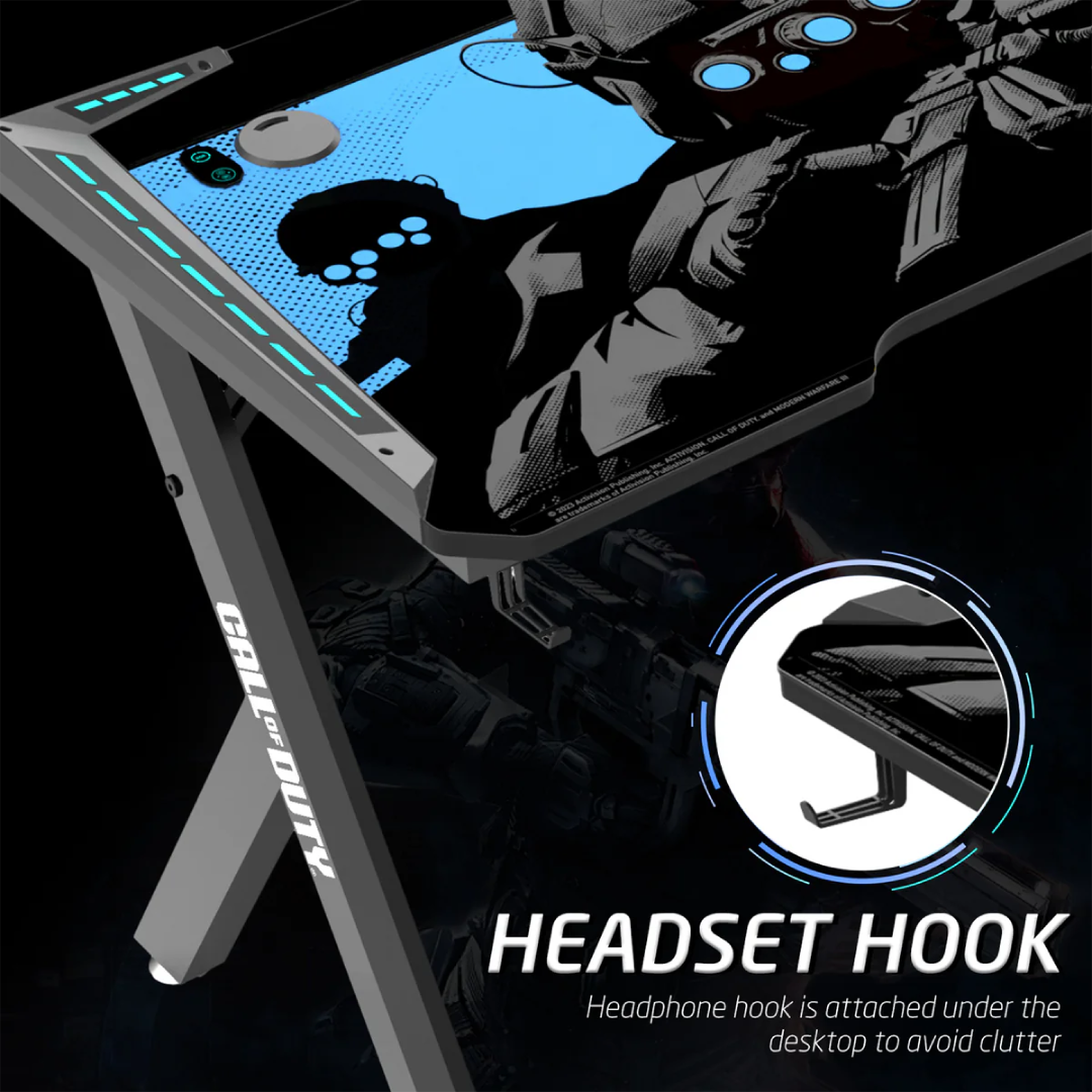 Call Of Duty (COD) Hawksbill Series RGB Flowing Light Gaming Desk With Mouse pad, Headphone Hook & Cup Holder - Black/Blue