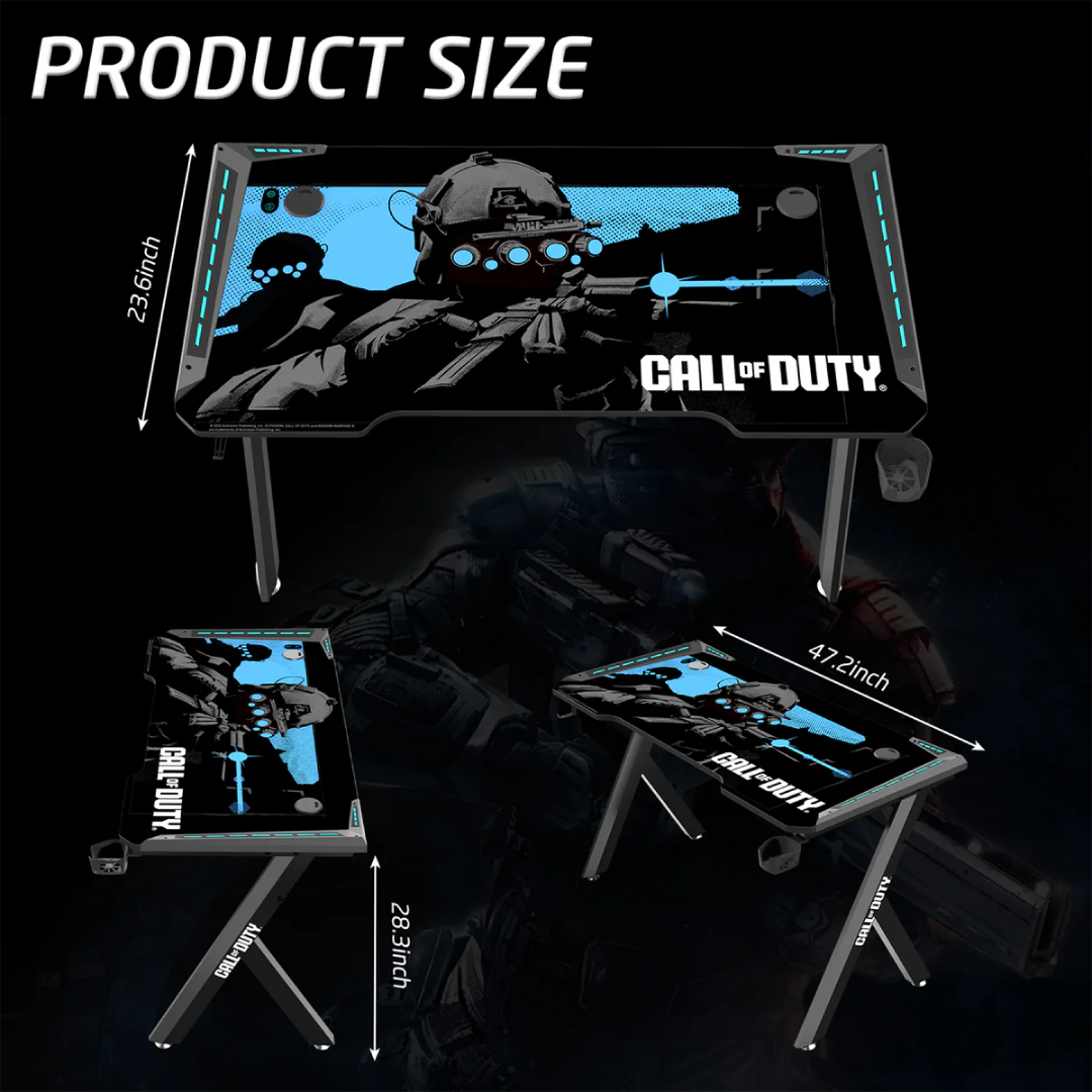Call Of Duty (COD) Hawksbill Series RGB Flowing Light Gaming Desk With Mouse pad, Headphone Hook & Cup Holder - Black/Blue