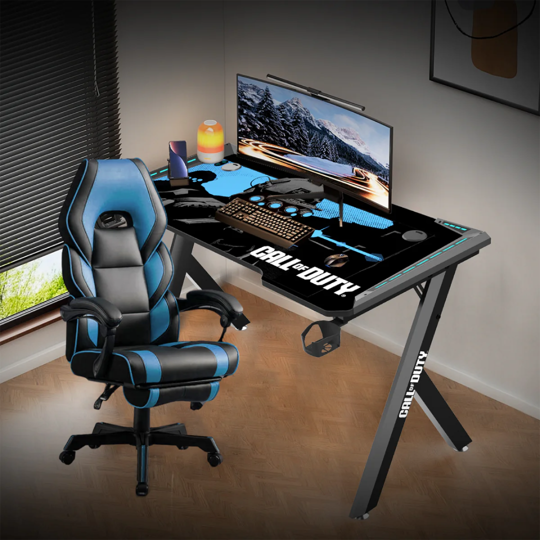 Call Of Duty (COD) Hawksbill Series RGB Flowing Light Gaming Desk With Mouse pad, Headphone Hook & Cup Holder - Black/Blue