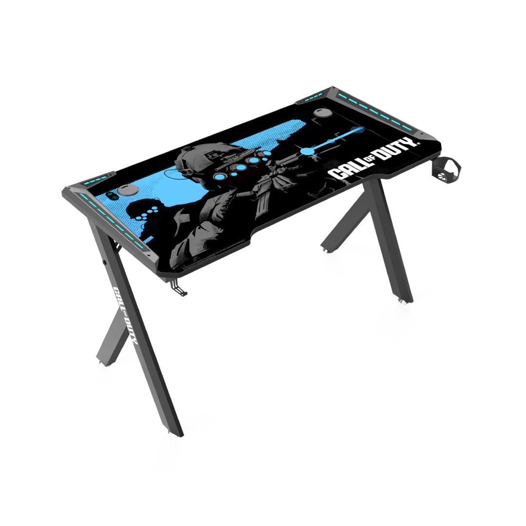Call Of Duty (COD) Hawksbill Series RGB Flowing Light Gaming Desk With Mouse pad, Headphone Hook & Cup Holder - Black/Blue