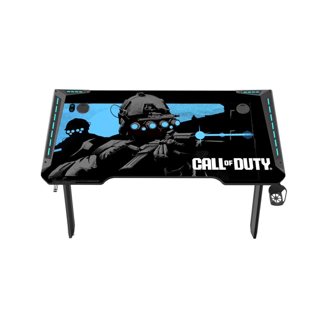 Call Of Duty (COD) Hawksbill Series RGB Flowing Light Gaming Desk With Mouse pad, Headphone Hook & Cup Holder - Black/Blue