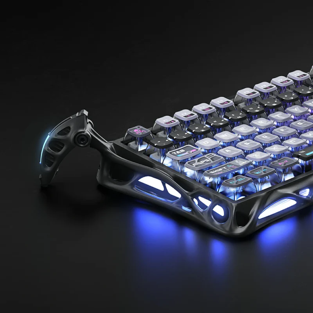 Premium 75% mechanical gaming keyboard that combines futuristic aesthetics with high-end performance features. Designed for gamers and tech enthusiasts, it offers a compact layout, customizable RGB lighting, and versatile connectivity options.