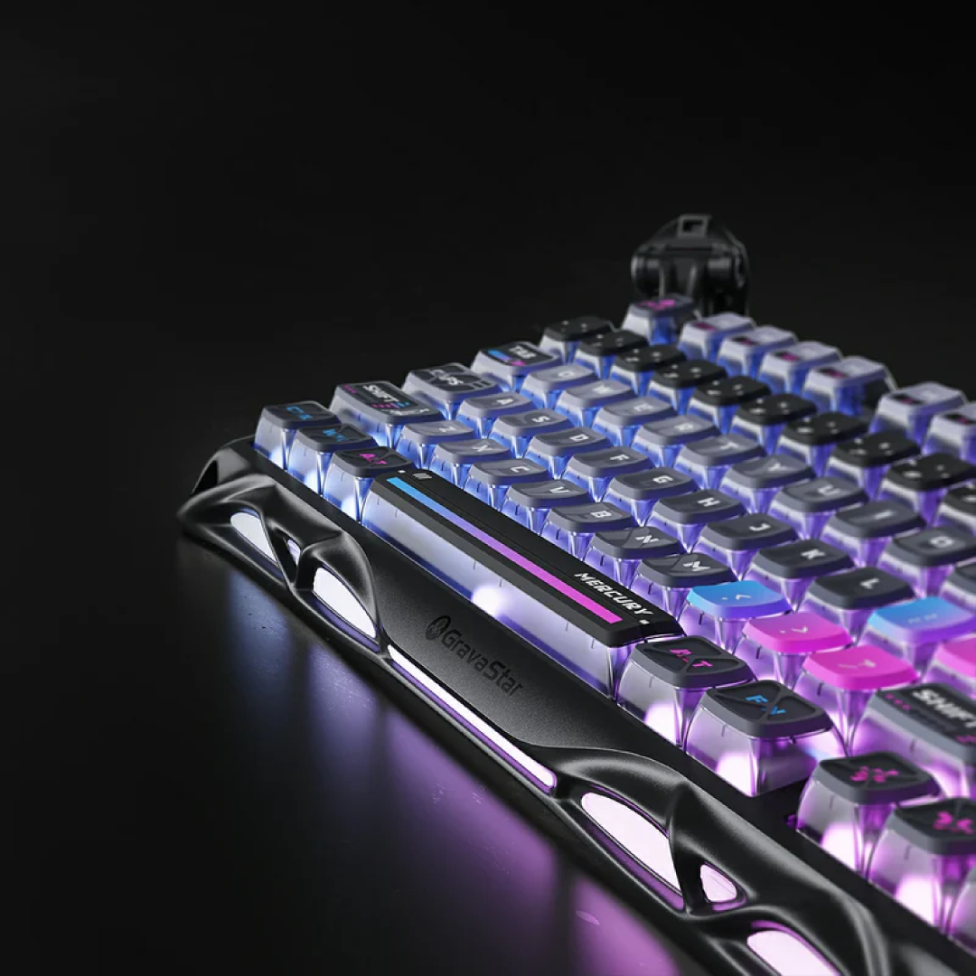 Premium 75% mechanical gaming keyboard that combines futuristic aesthetics with high-end performance features. Designed for gamers and tech enthusiasts, it offers a compact layout, customizable RGB lighting, and versatile connectivity options.