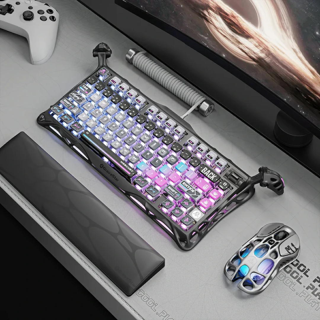 Premium 75% mechanical gaming keyboard that combines futuristic aesthetics with high-end performance features. Designed for gamers and tech enthusiasts, it offers a compact layout, customizable RGB lighting, and versatile connectivity options.