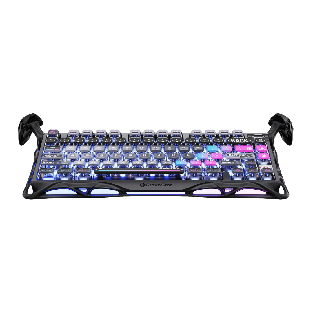 Premium 75% mechanical gaming keyboard that combines futuristic aesthetics with high-end performance features. Designed for gamers and tech enthusiasts, it offers a compact layout, customizable RGB lighting, and versatile connectivity options.
