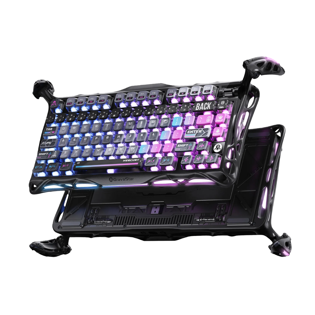 Premium 75% mechanical gaming keyboard that combines futuristic aesthetics with high-end performance features. Designed for gamers and tech enthusiasts, it offers a compact layout, customizable RGB lighting, and versatile connectivity options.