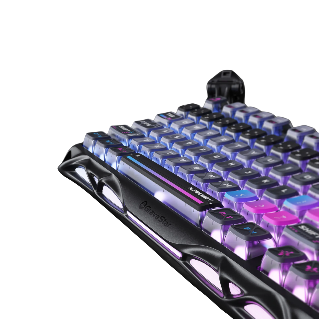 Premium 75% mechanical gaming keyboard that combines futuristic aesthetics with high-end performance features. Designed for gamers and tech enthusiasts, it offers a compact layout, customizable RGB lighting, and versatile connectivity options.