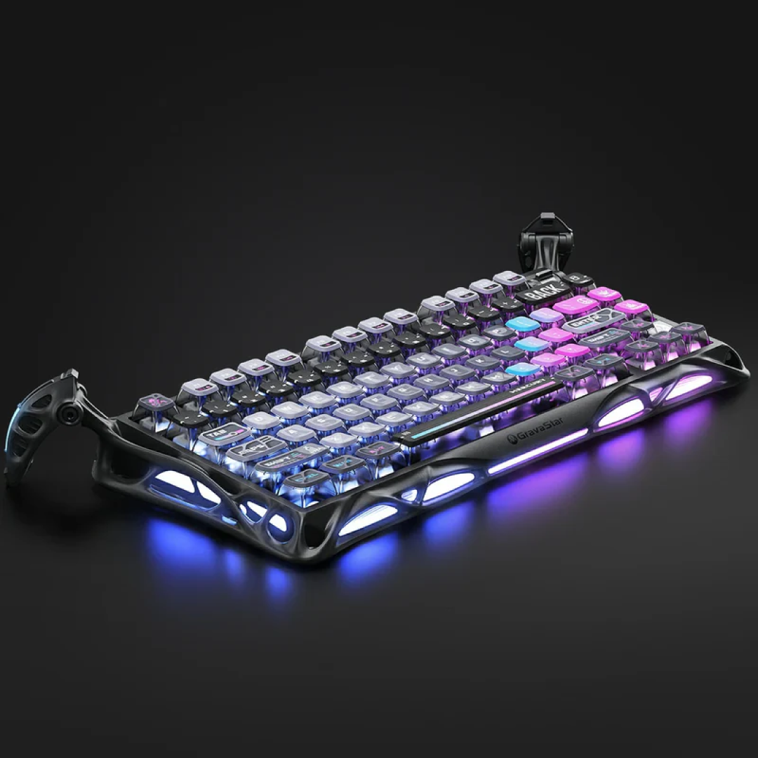 Premium 75% mechanical gaming keyboard that combines futuristic aesthetics with high-end performance features. Designed for gamers and tech enthusiasts, it offers a compact layout, customizable RGB lighting, and versatile connectivity options.