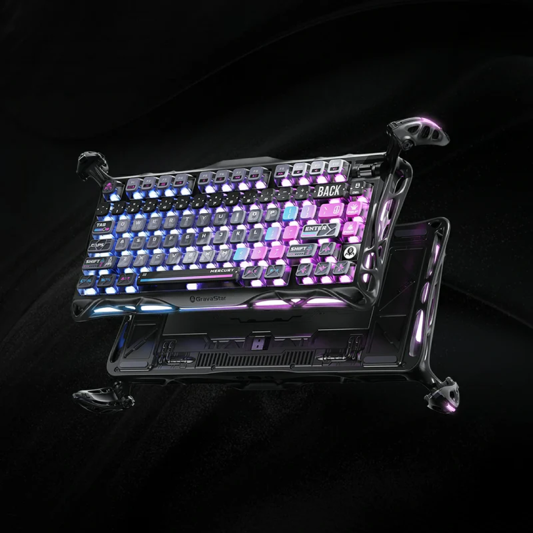 Premium 75% mechanical gaming keyboard that combines futuristic aesthetics with high-end performance features. Designed for gamers and tech enthusiasts, it offers a compact layout, customizable RGB lighting, and versatile connectivity options.