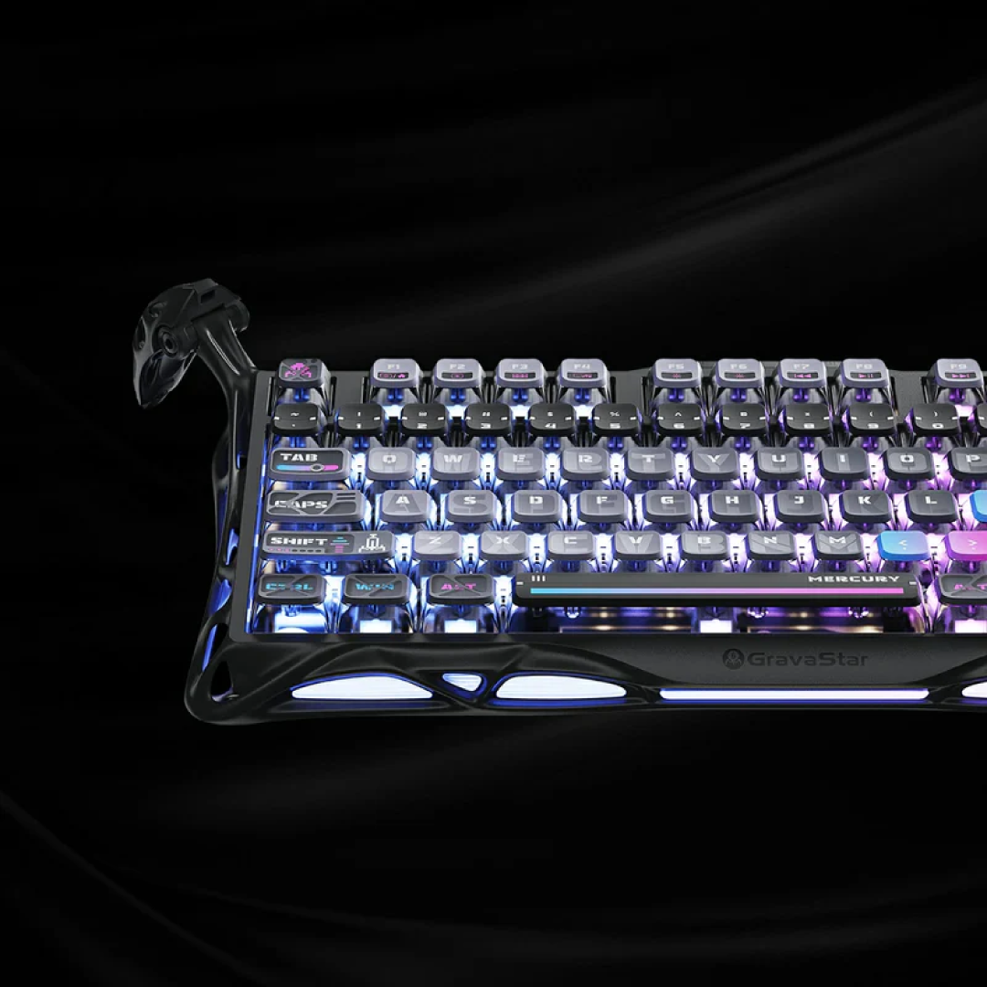 Premium 75% mechanical gaming keyboard that combines futuristic aesthetics with high-end performance features. Designed for gamers and tech enthusiasts, it offers a compact layout, customizable RGB lighting, and versatile connectivity options.