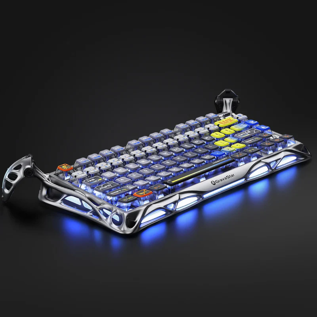 Premium 75% mechanical gaming keyboard that combines cutting-edge performance with a striking, futuristic design. Crafted for gamers and tech enthusiasts, it offers a compact layout, customizable RGB lighting, and versatile connectivity options.