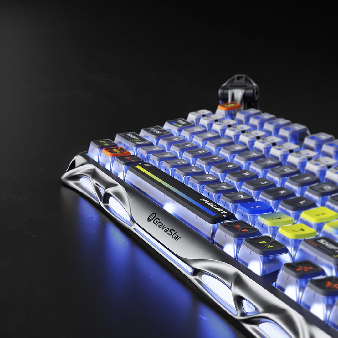Premium 75% mechanical gaming keyboard that combines cutting-edge performance with a striking, futuristic design. Crafted for gamers and tech enthusiasts, it offers a compact layout, customizable RGB lighting, and versatile connectivity options.