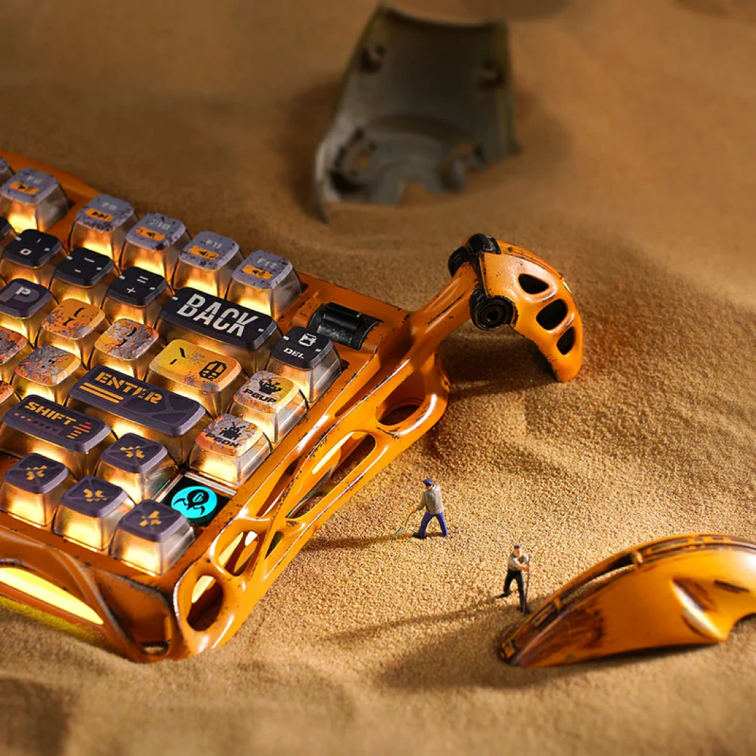 limited-edition 75% mechanical gaming keyboard that combines rugged aesthetics with high-performance features. Each unit is uniquely handcrafted, embracing imperfections to create a one-of-a-kind design.