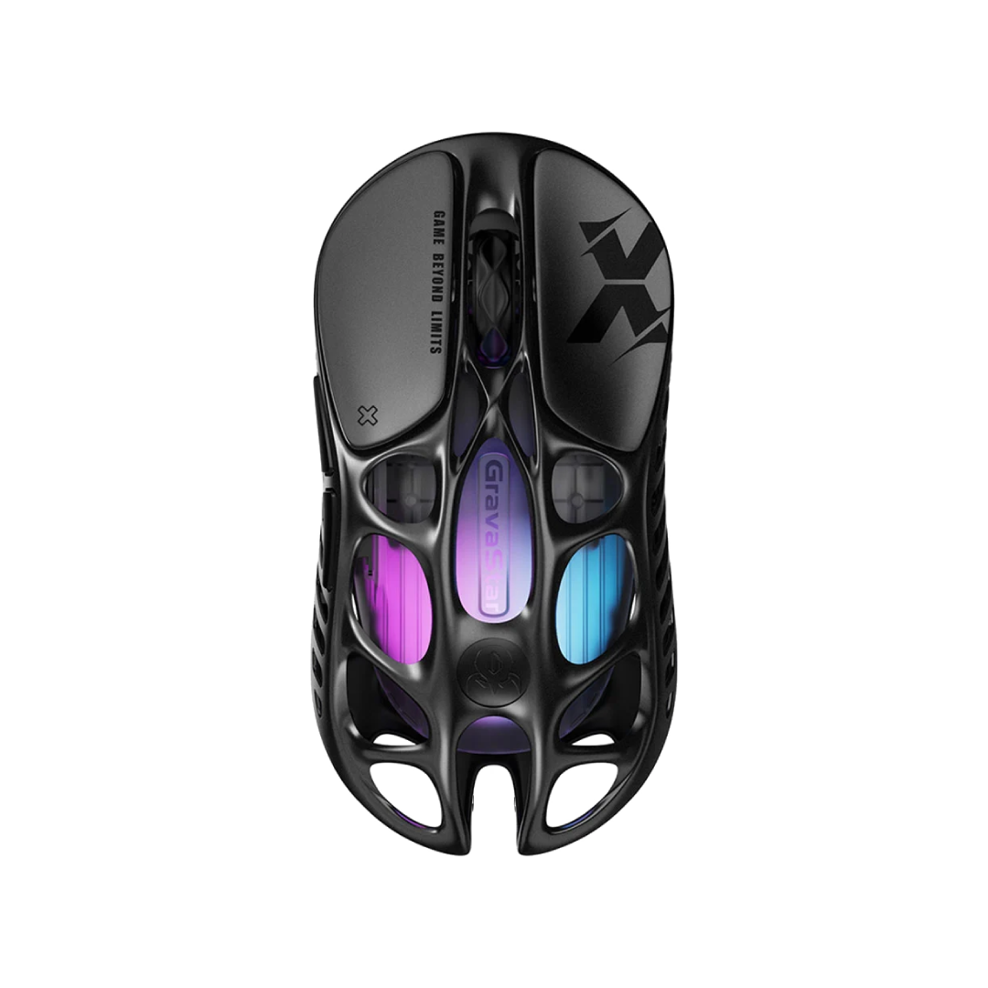 The GravaStar Mercury X Galaxy Black is a high-performance gaming mouse that combines cutting-edge technology with a unique, battle-worn aesthetic. Crafted with a hollowed-out structure and a matte black finish, it offers both aesthetic appeal and functional ergonomics.