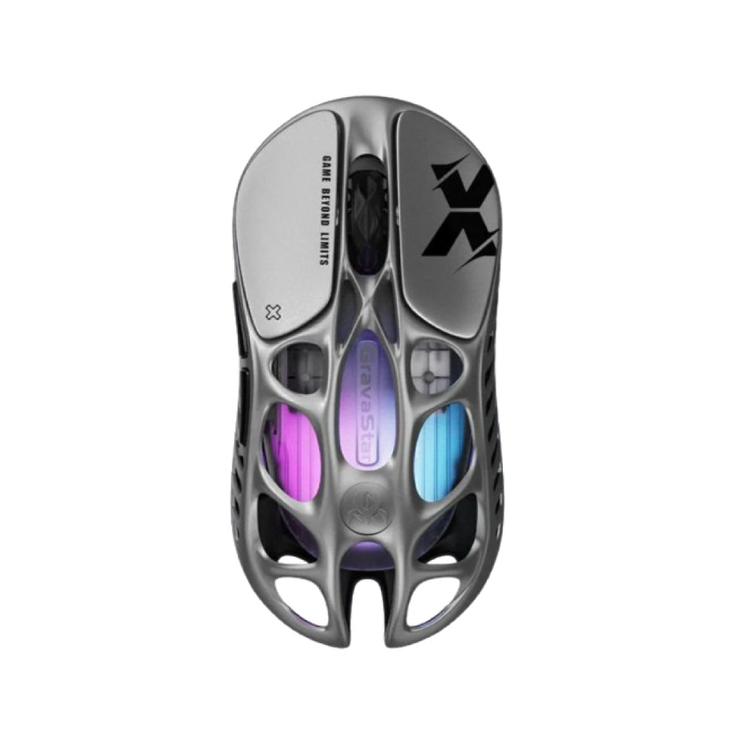 The GravaStar Mercury X Interstellar Silver is a high-performance gaming mouse that combines cutting-edge technology with a unique, battle-worn aesthetic. Crafted with a hollowed-out structure and a matte silver finish, it offers both aesthetic appeal and functional ergonomics.