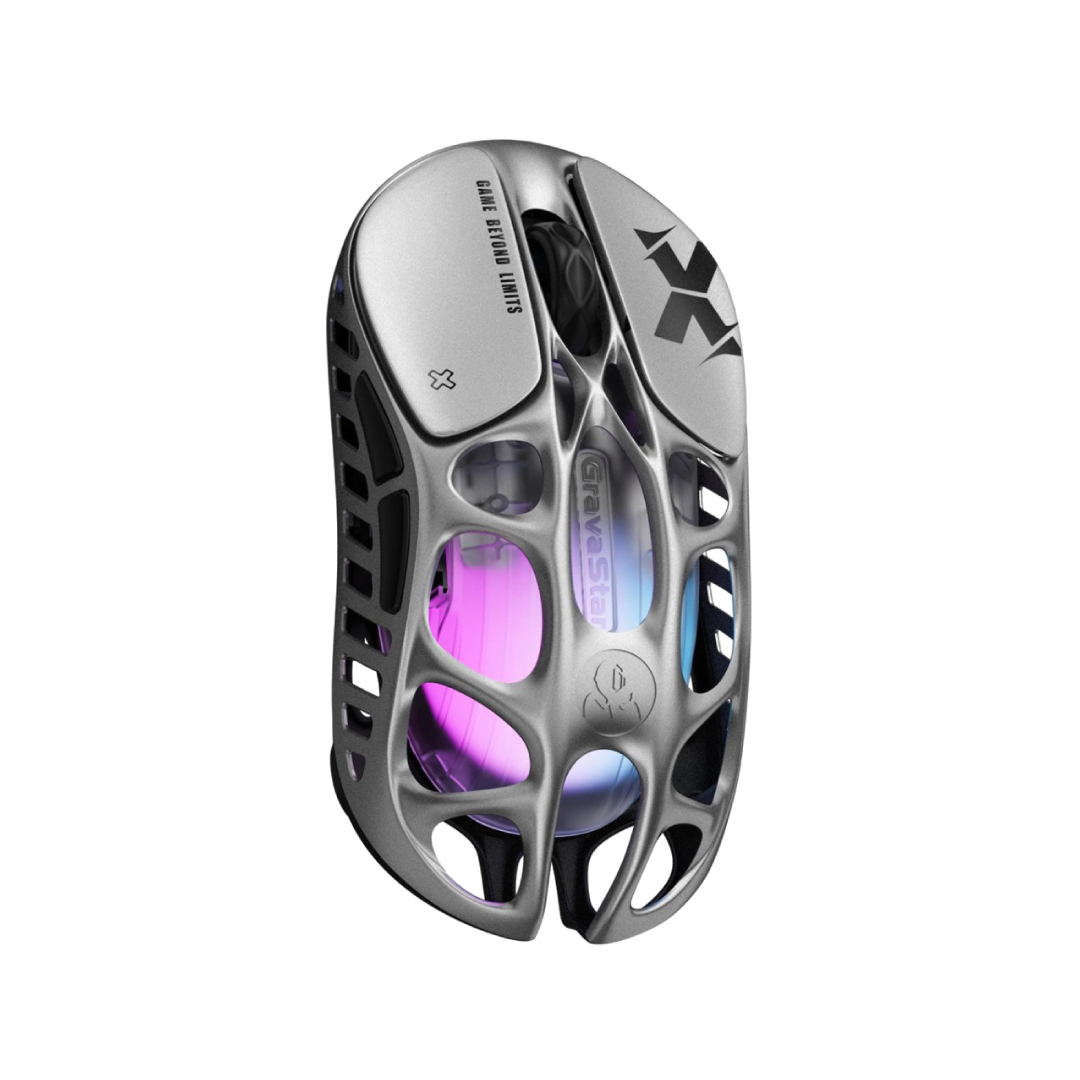 The GravaStar Mercury X Interstellar Silver is a high-performance gaming mouse that combines cutting-edge technology with a unique, battle-worn aesthetic. Crafted with a hollowed-out structure and a matte silver finish, it offers both aesthetic appeal and functional ergonomics.