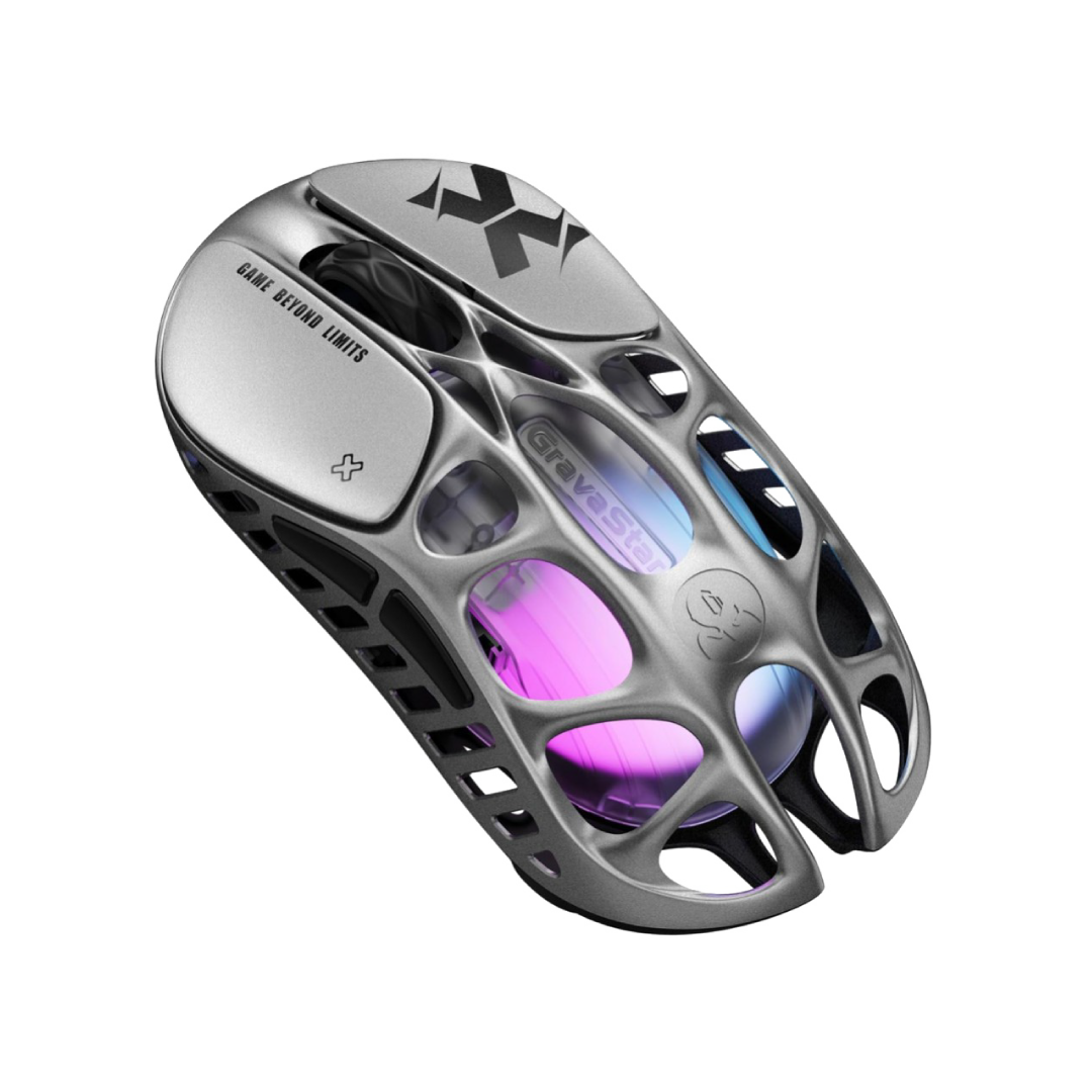 The GravaStar Mercury X Interstellar Silver is a high-performance gaming mouse that combines cutting-edge technology with a unique, battle-worn aesthetic. Crafted with a hollowed-out structure and a matte silver finish, it offers both aesthetic appeal and functional ergonomics.